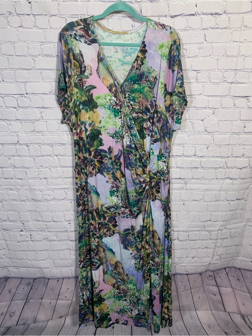 Soft Surroundings Joanna Womens Faux Wrap Dress Multi Watercolor Print Maxi 2X